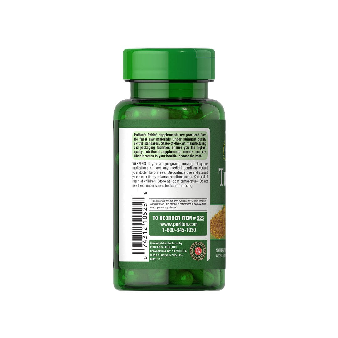 The back of a bottle of Turmeric 400 mg 100 Rapid Release Capsules, promoting its antioxidant support. (Brand Name: Puritan's Pride)