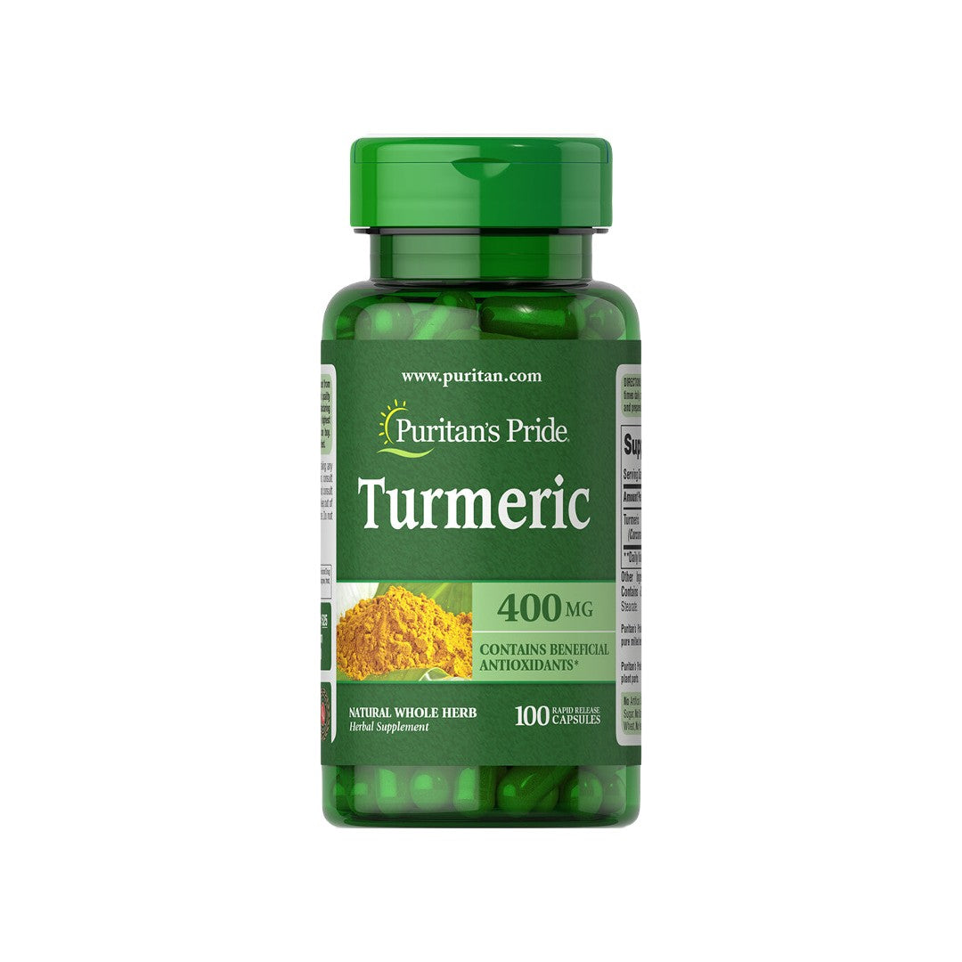 A bottle of Puritan's Pride Turmeric 400 mg 100 Rapid Release Capsules with antioxidant support and joint health benefits, set against a white background.