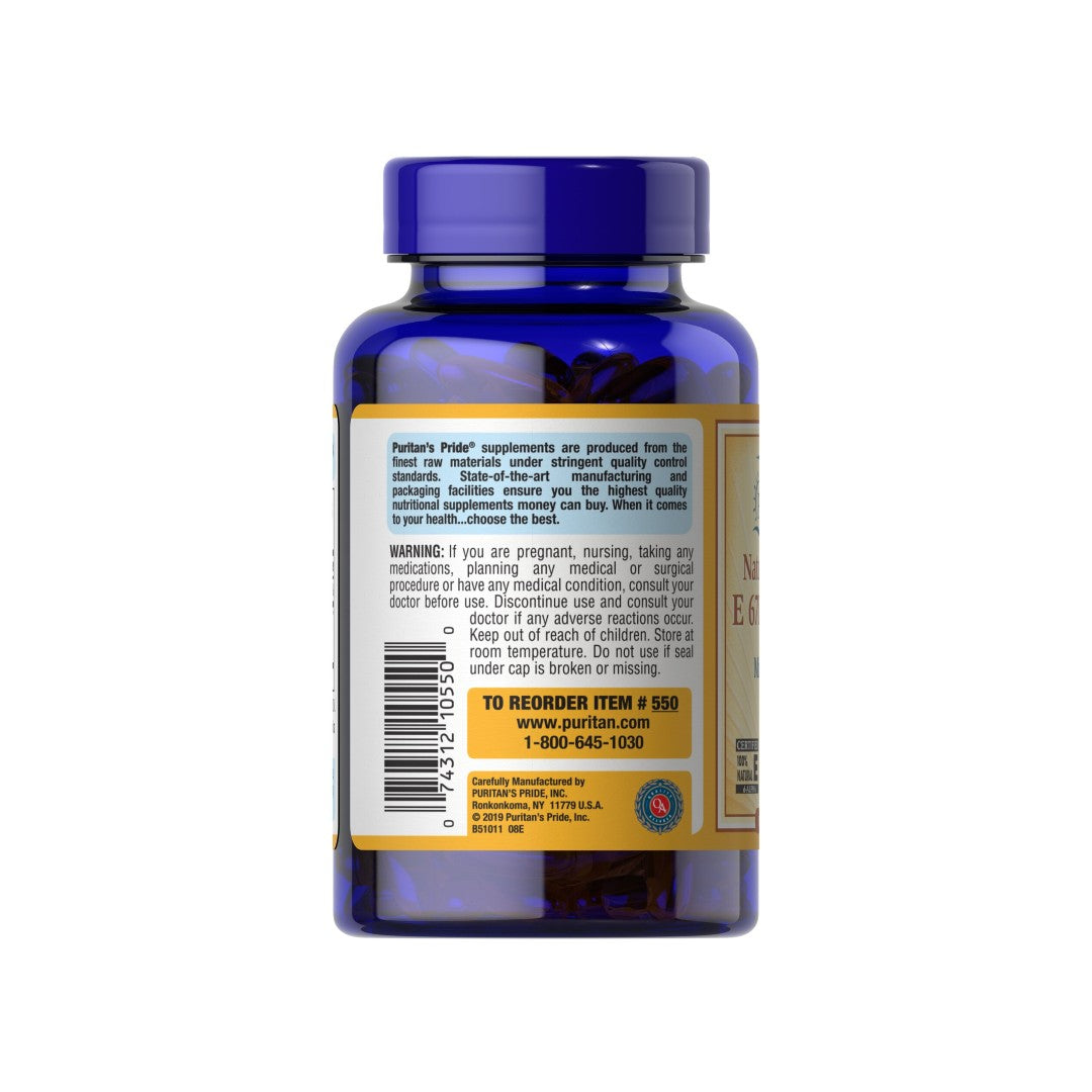 Die Rückseite einer Flasche Vitamin E 1000 IU Mixed Tocopherols 100 Rapid Release Softgels von Puritan's Pride bietet antioxidative Unterstützung und fördert die kardiovaskuläre Gesundheit.