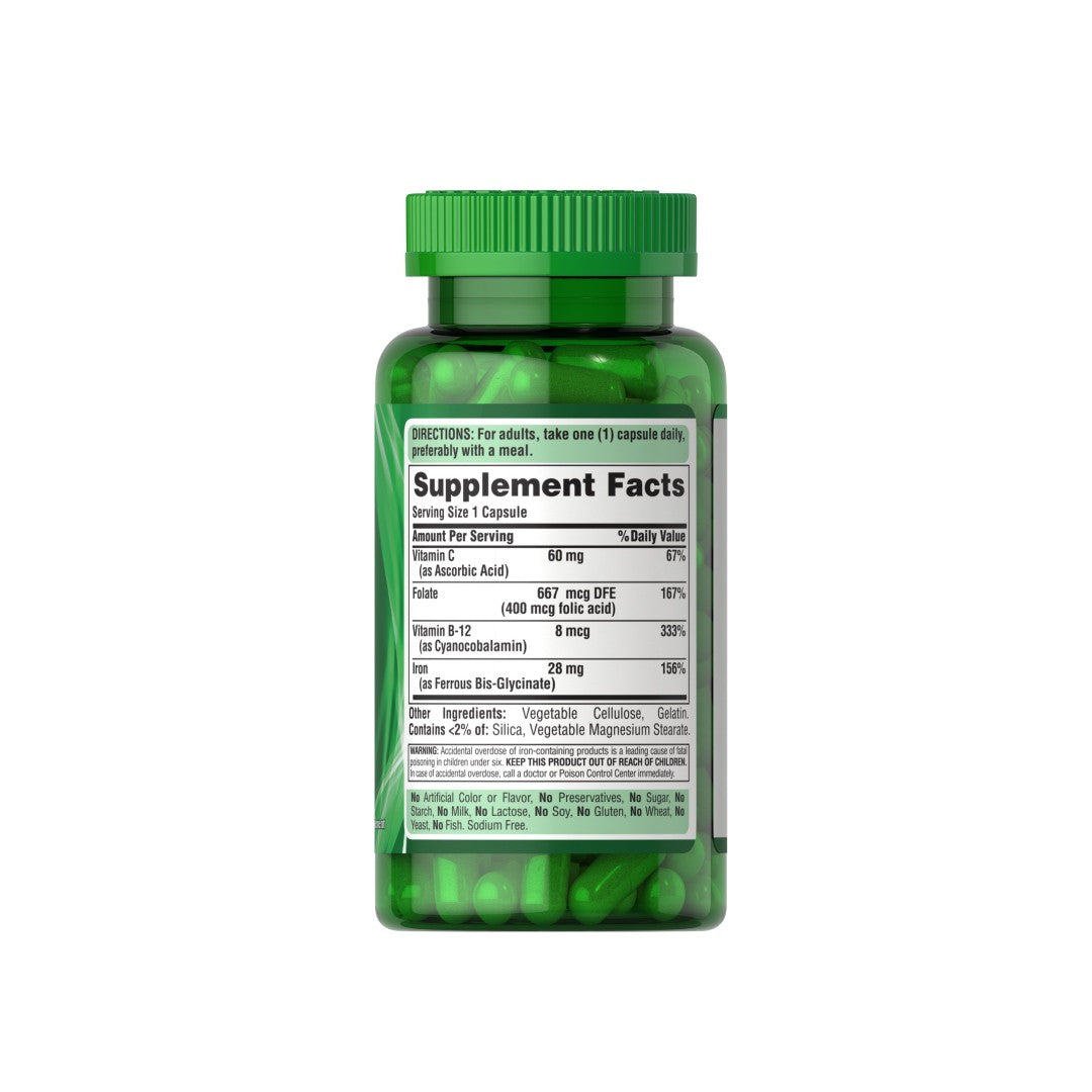 Eine grüne Flasche mit Puritan's Pride Easy Iron 28 mg 90 Kapseln Eisenglycinat auf weißem Hintergrund.