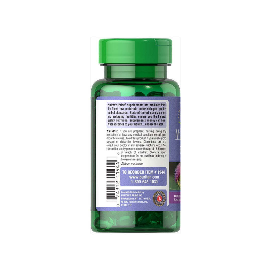 Die Rückseite einer Flasche Puritan's Pride Mariendistel 1000 mg 4:1 Extrakt Silymarin 90 Rapid Release Softgels.