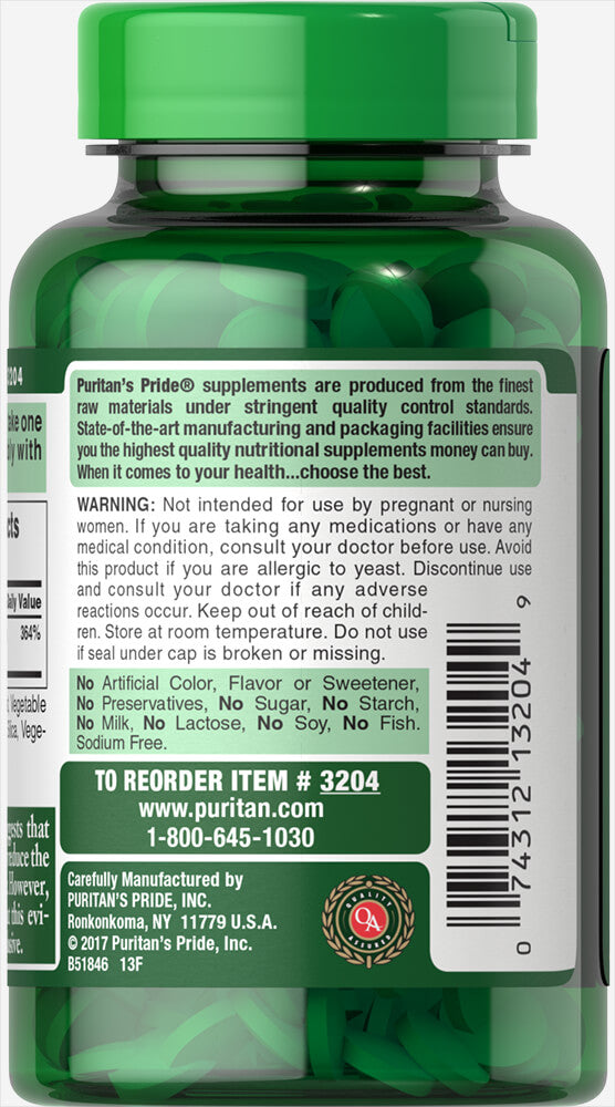 Die Rückseite einer Flasche Puritan's Pride Selen 200 mcg 200 Weichkapseln, die mit Antioxidantien die Schilddrüsenfunktion und die Gesundheit des Immunsystems fördern.
