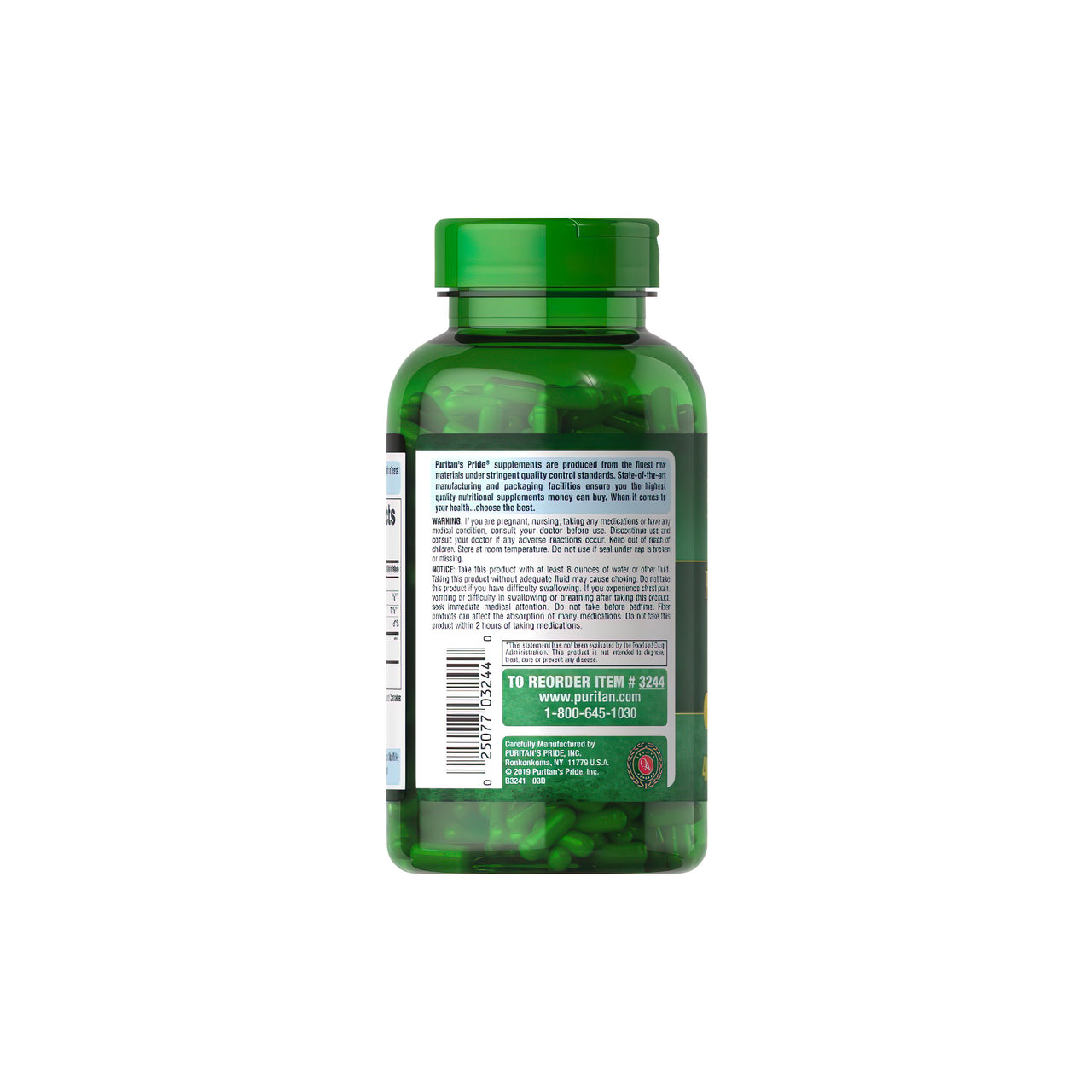 Eine Flasche Psyllium Husks 500 mg 400 Rapid Release Capsules von Puritan's Pride mit verdauungsfördernden und darmschonenden Eigenschaften auf weißem Hintergrund.