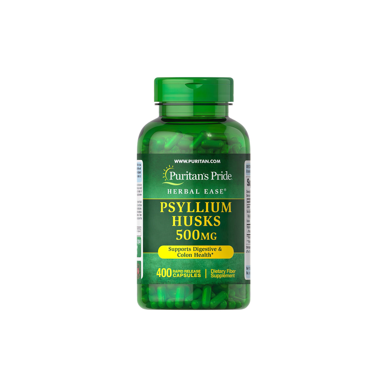 Eine Flasche Puritan's Pride Psyllium Husks 500 mg 400 Rapid Release Capsules, bekannt für ihren Gehalt an löslichen Ballaststoffen, die die Gesundheit von Verdauung und Darm unterstützen.