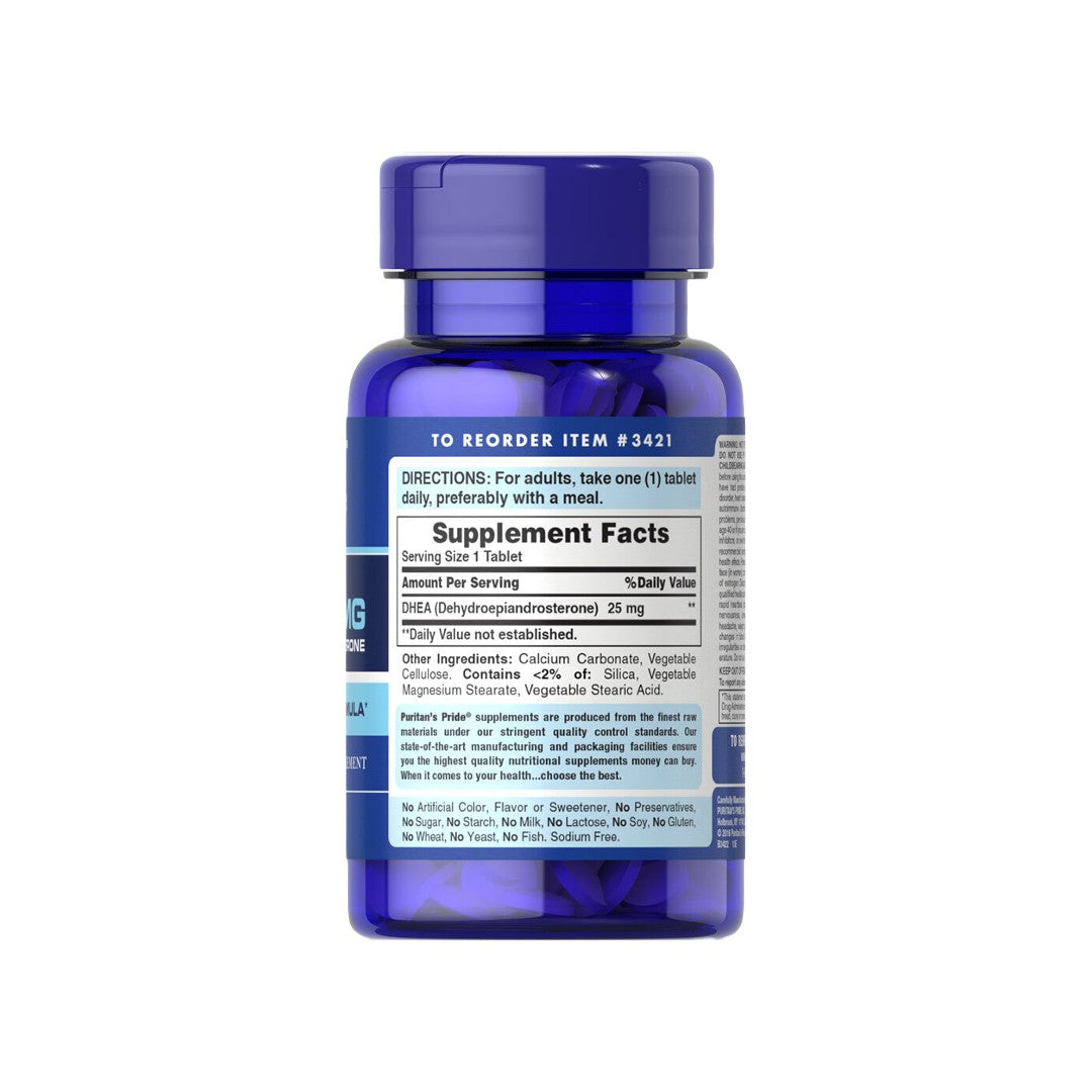Eine Flasche DHEA - 25 mg 100 Tabletten mit einem blauen Etikett. (Markenname: Puritan's Pride)