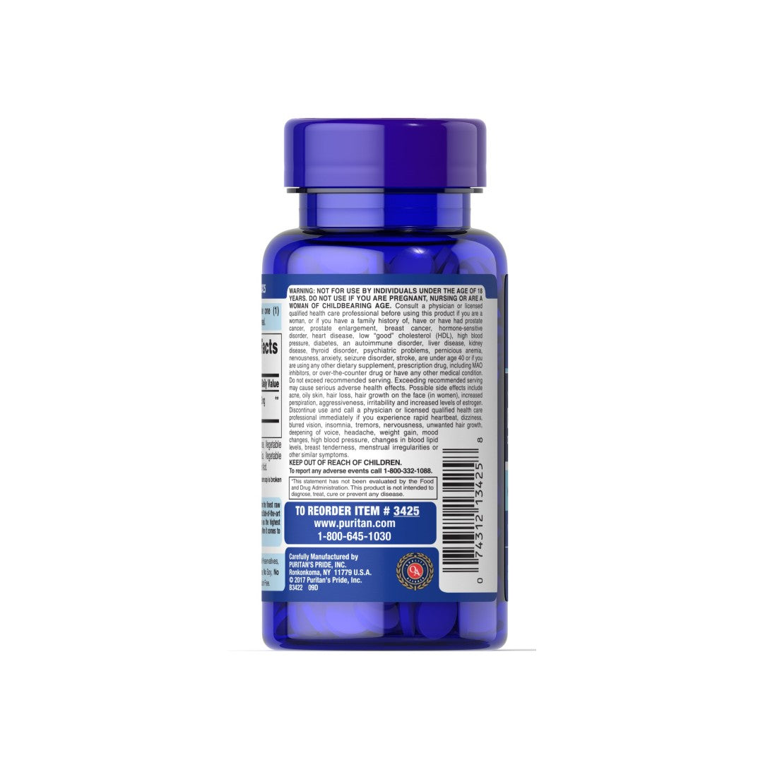 Die Rückseite einer blauen Flasche mit dem Etikett von DHEA - 25 mg 250 tabs von Puritan's Pride.