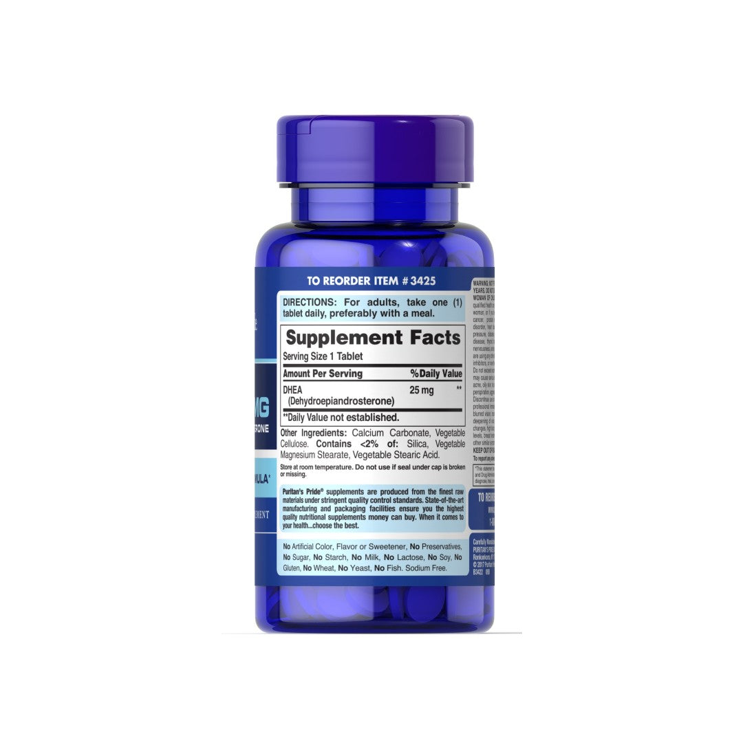 Eine Flasche Puritan's Pride DHEA - 25 mg 250 Tabs Nahrungsergänzungsmittel auf einem weißen Hintergrund.