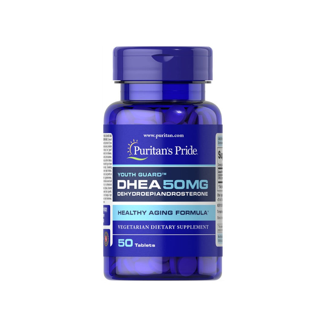 Eine Flasche Puritan's Pride DHEA 50 mg 50 Tabs Kapseln.