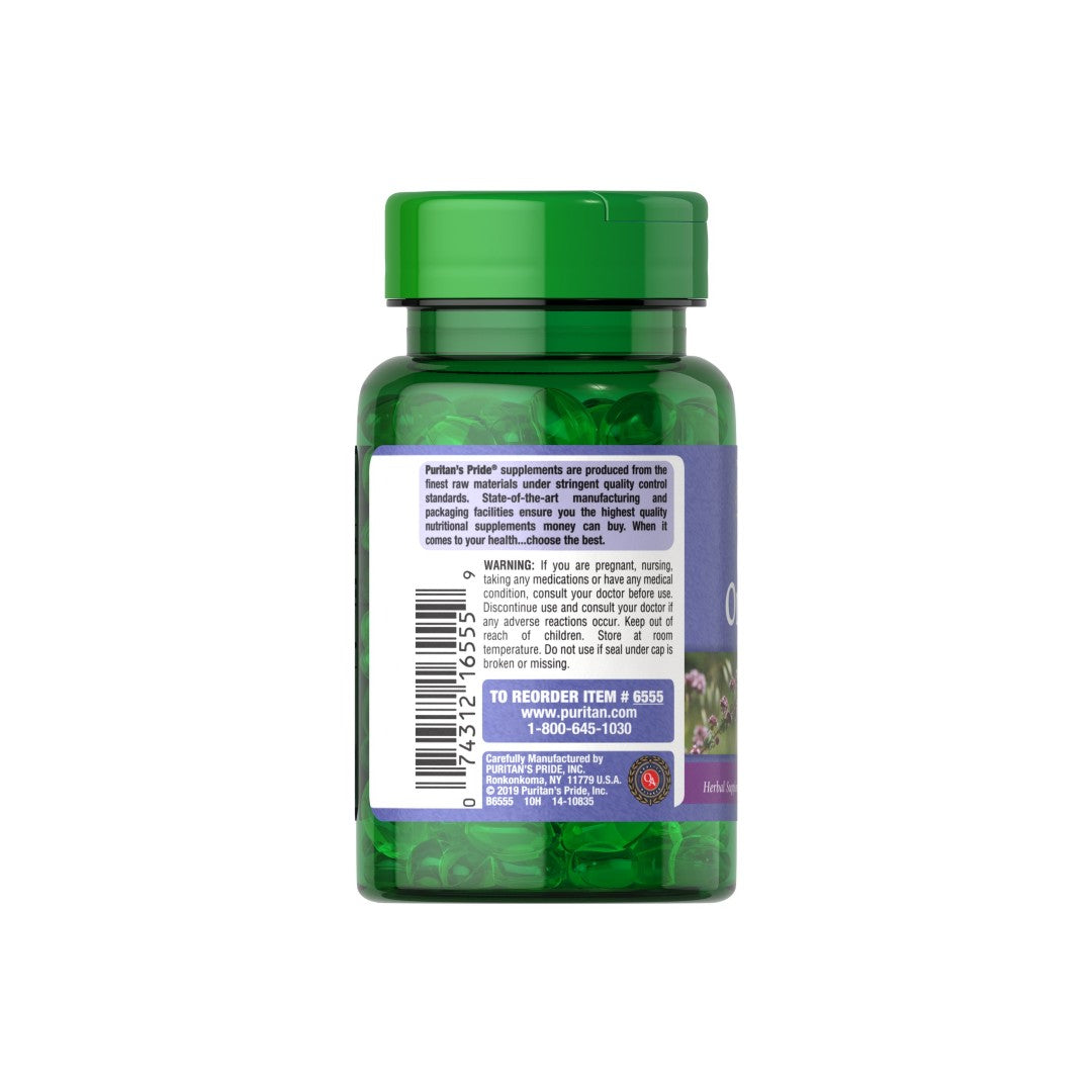 Die Rückseite einer Flasche Oregano-Öl 150 mg 90 Rapid Release Softgels von Puritan's Pride enthält Informationen über seine immunstärkenden Eigenschaften und seine Vorteile für die Verdauung.