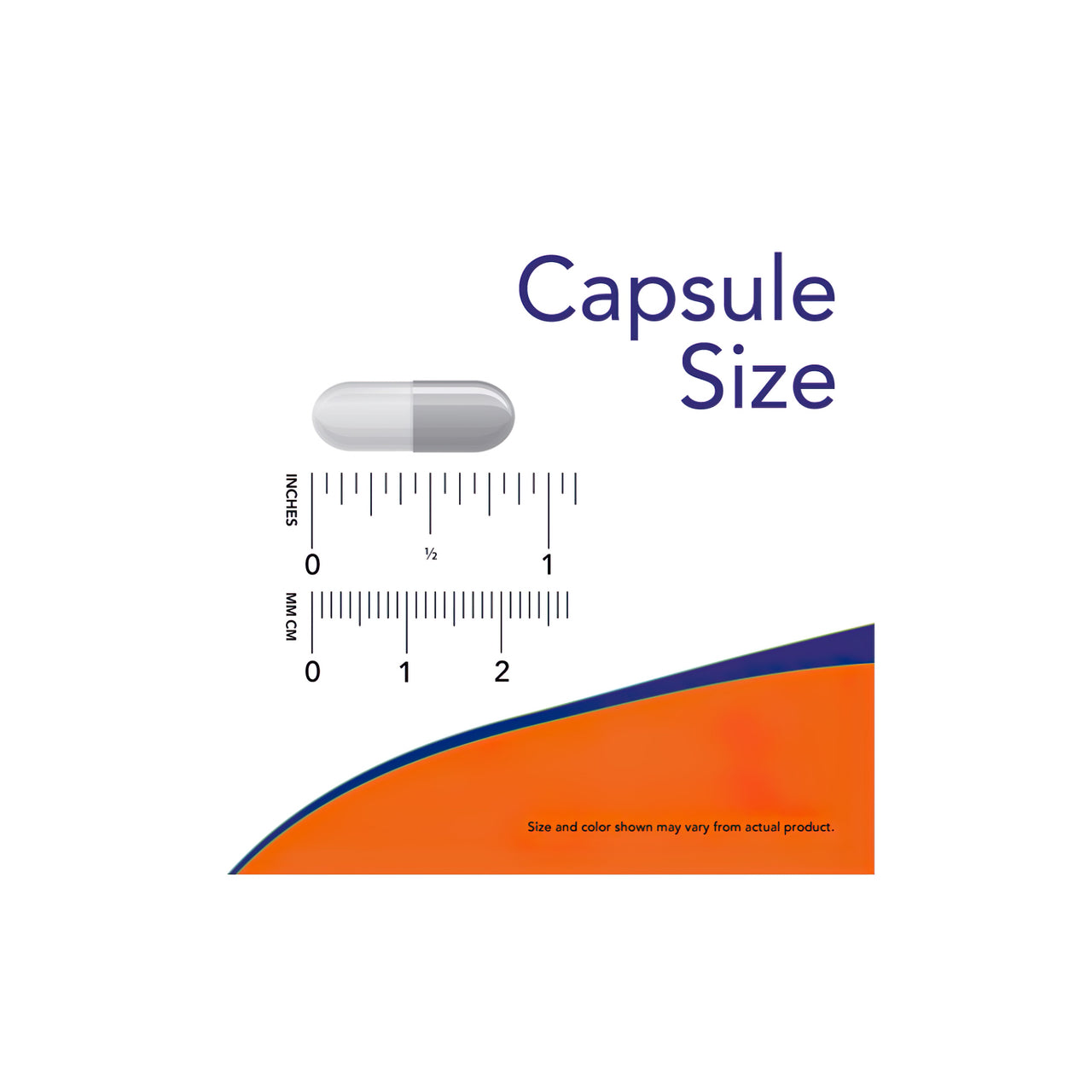 Ein orange-blaues Etikett mit der Aufschrift "Kapselgröße" bewirbt Now Foods N-Acetyl Cystein 600mg 100 veg caps.