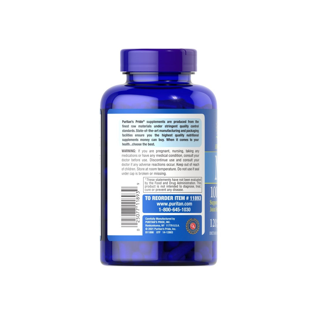 Die Rückseite einer Flasche Puritan's Pride MSM 1000 mg 120 Kapseln mit schneller Wirkstofffreisetzung zur Unterstützung der Gesundheit von Bindegewebe und Gelenken. Angereichert mit MSM für zusätzlichen Nutzen.