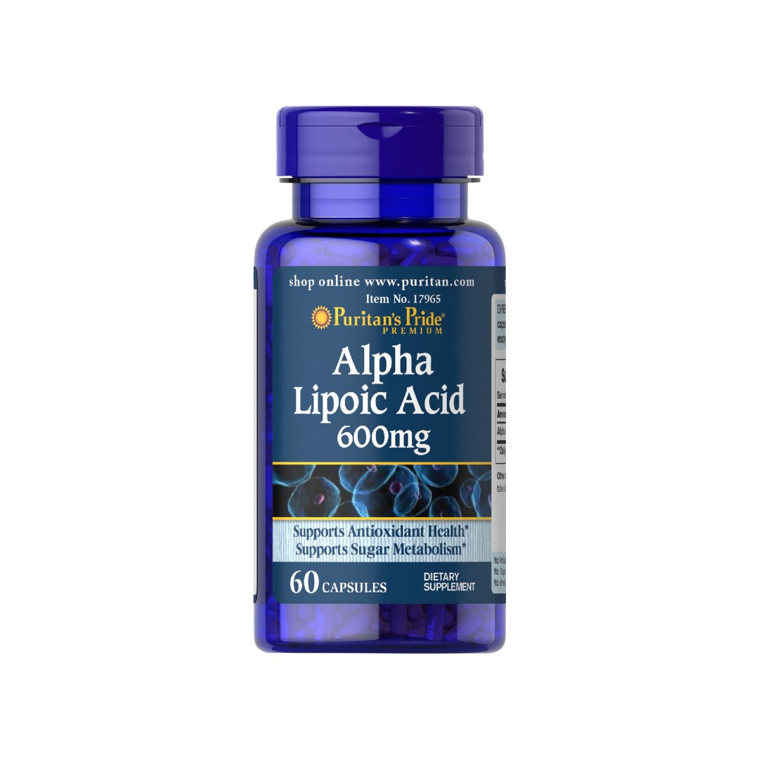 Eine Flasche Alpha-Liponsäure - 600 mg 60 Kapseln von Puritan's Pride.