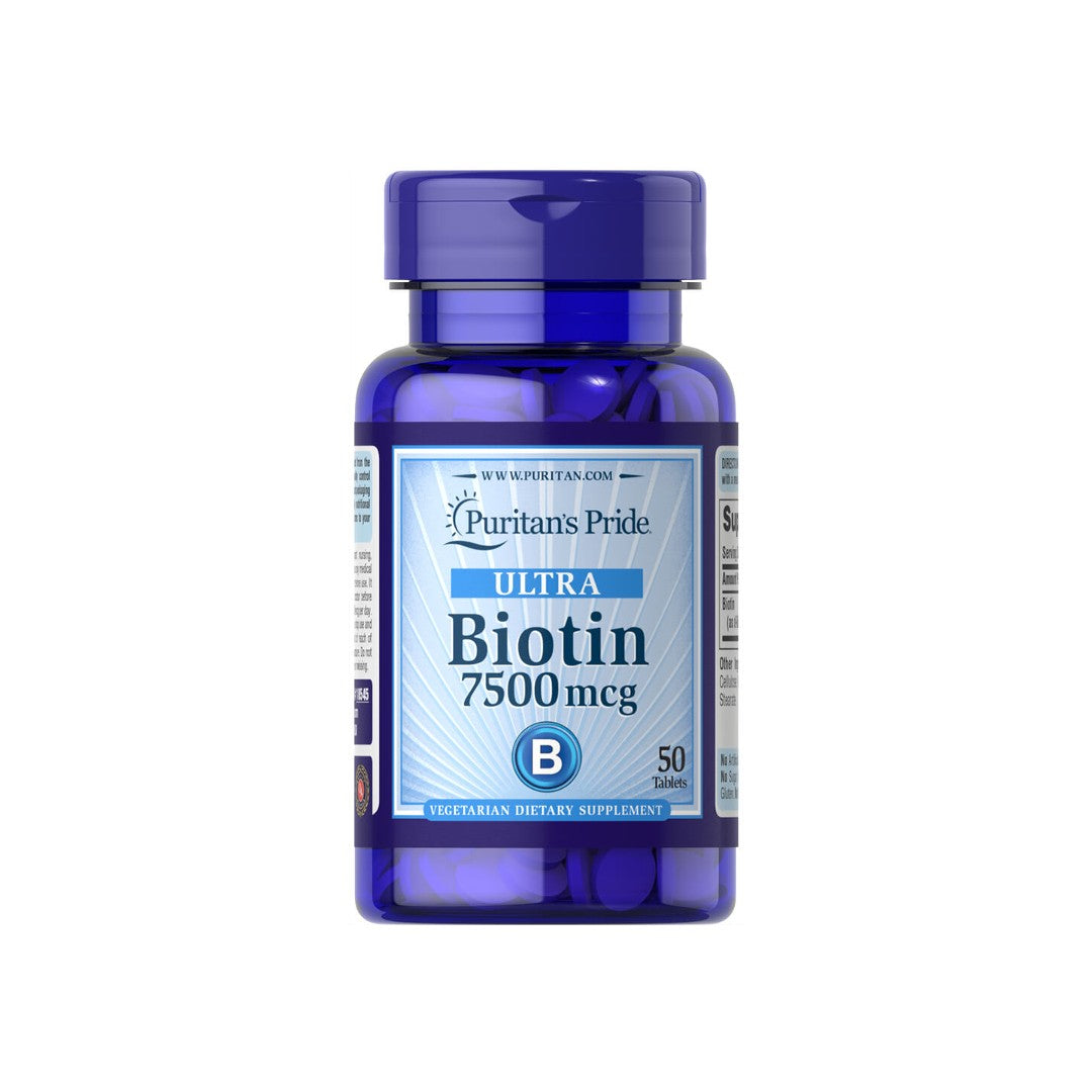 Ein Nahrungsergänzungsmittel Flasche Biotin - 7,5 mg 100 Tabletten von Puritan's Pride.