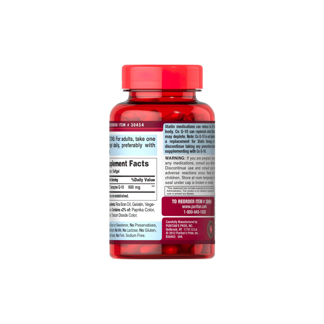 Eine Flasche Coenzym Q10 600 mg 60 Rapid Release Softgels Q-SORB™ mit einem roten Etikett von Puritan's Pride.