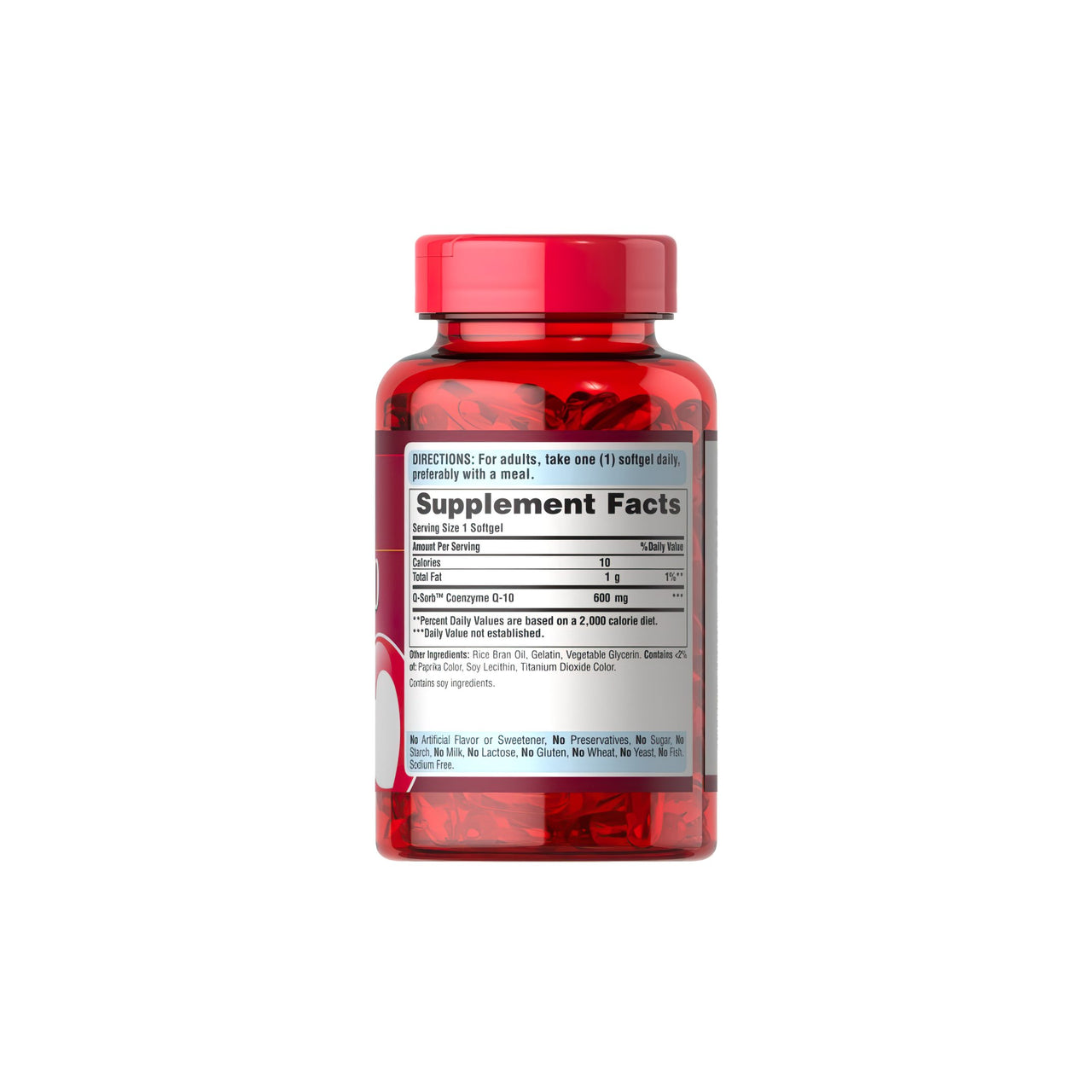 Eine Flasche Coenzym Q10 600 mg 60 Rapid Release Softgels Q-SORB™ Ergänzungsmittel von Puritan's Pride auf weißem Hintergrund.