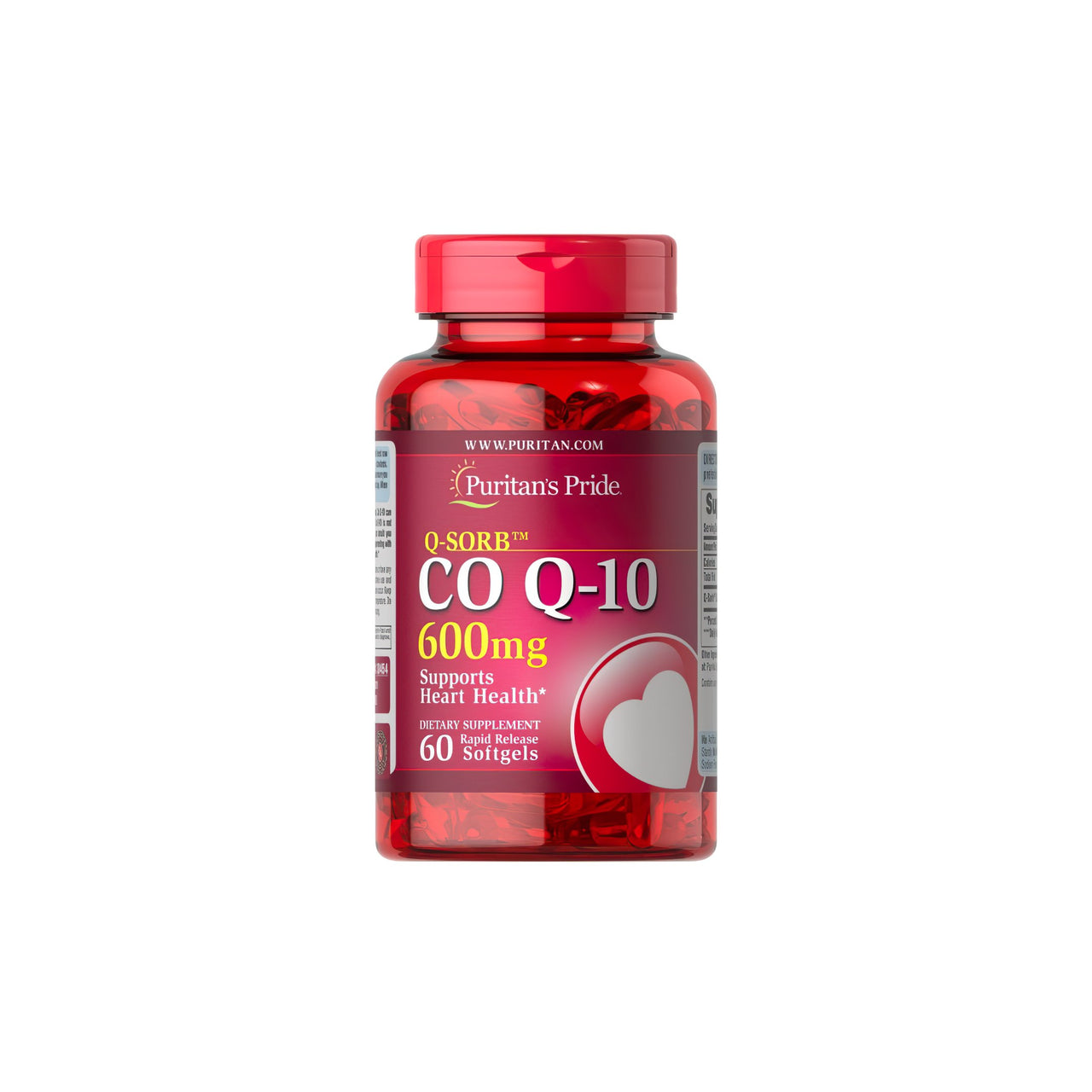 Eine Flasche Coenzym Q10 600 mg 60 Rapid Release Softgels Q-SORB™ mit einem roten Herz. (Marke: Puritan's Pride)
