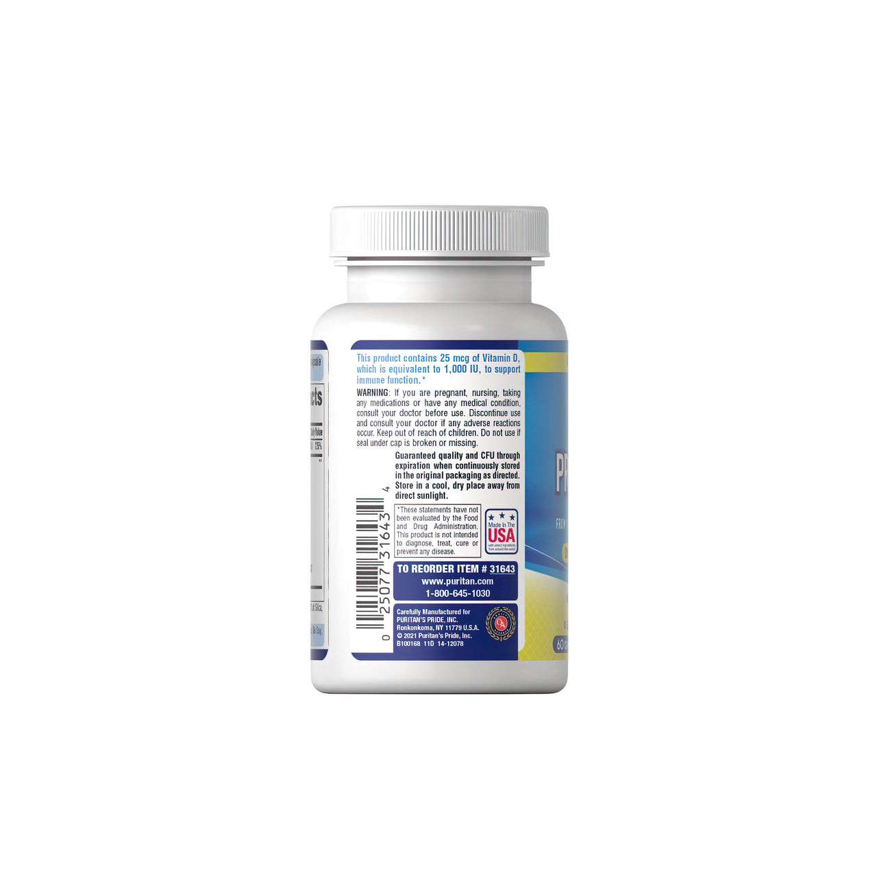 Eine Flasche Probiotic 10 Plus Vitamin D3 1000 IU 60 Kapseln, ein starker Immunbooster, auf weißem Hintergrund. (Markenname: Puritan's Pride)