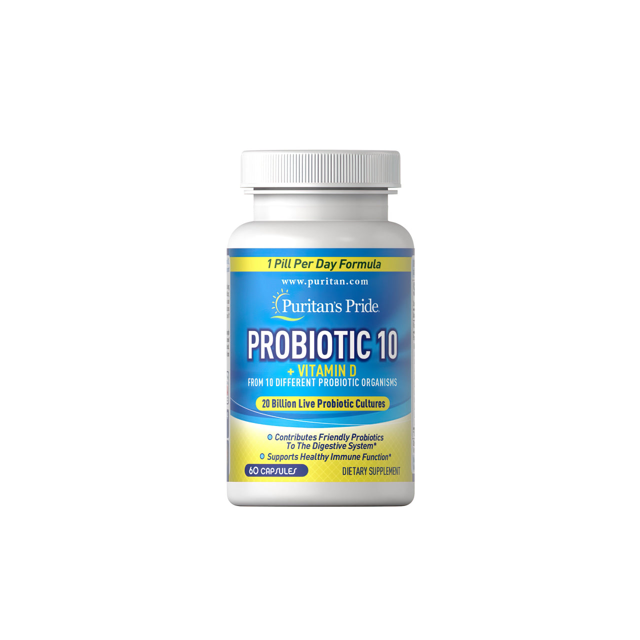 Eine Flasche Probiotic 10 plus Vitamin D3 1000 IU 60 Kapseln von Puritan's Pride.