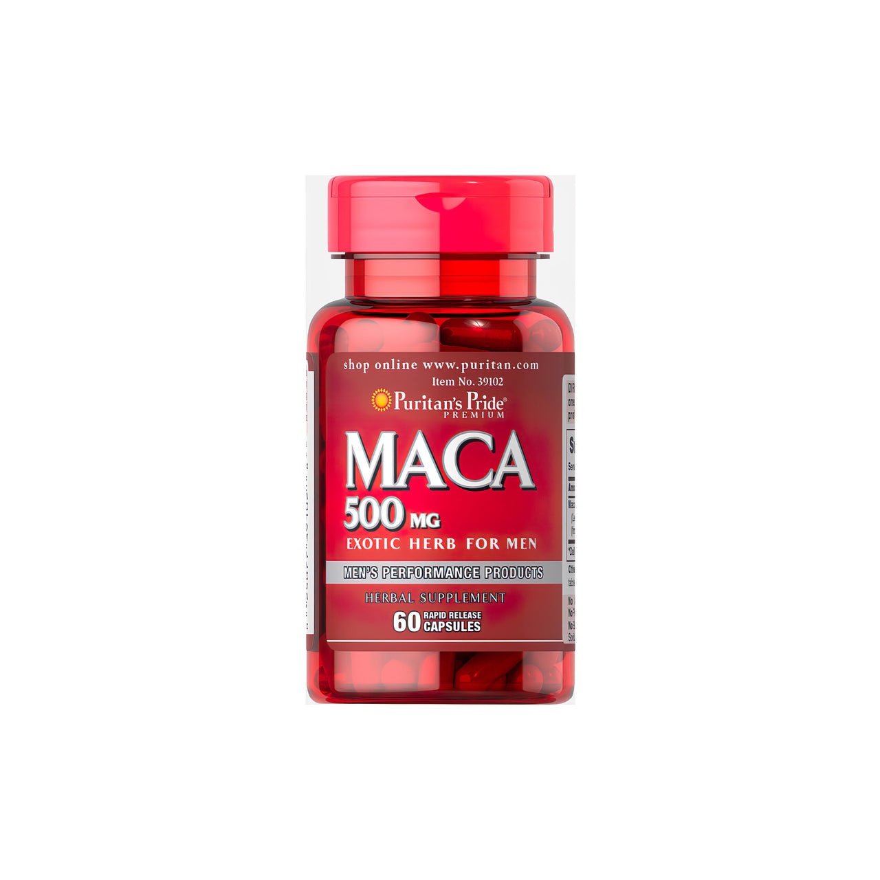 Eine Flasche Puritan's Pride Maca 500 mg 60 Schnelllösekapseln.