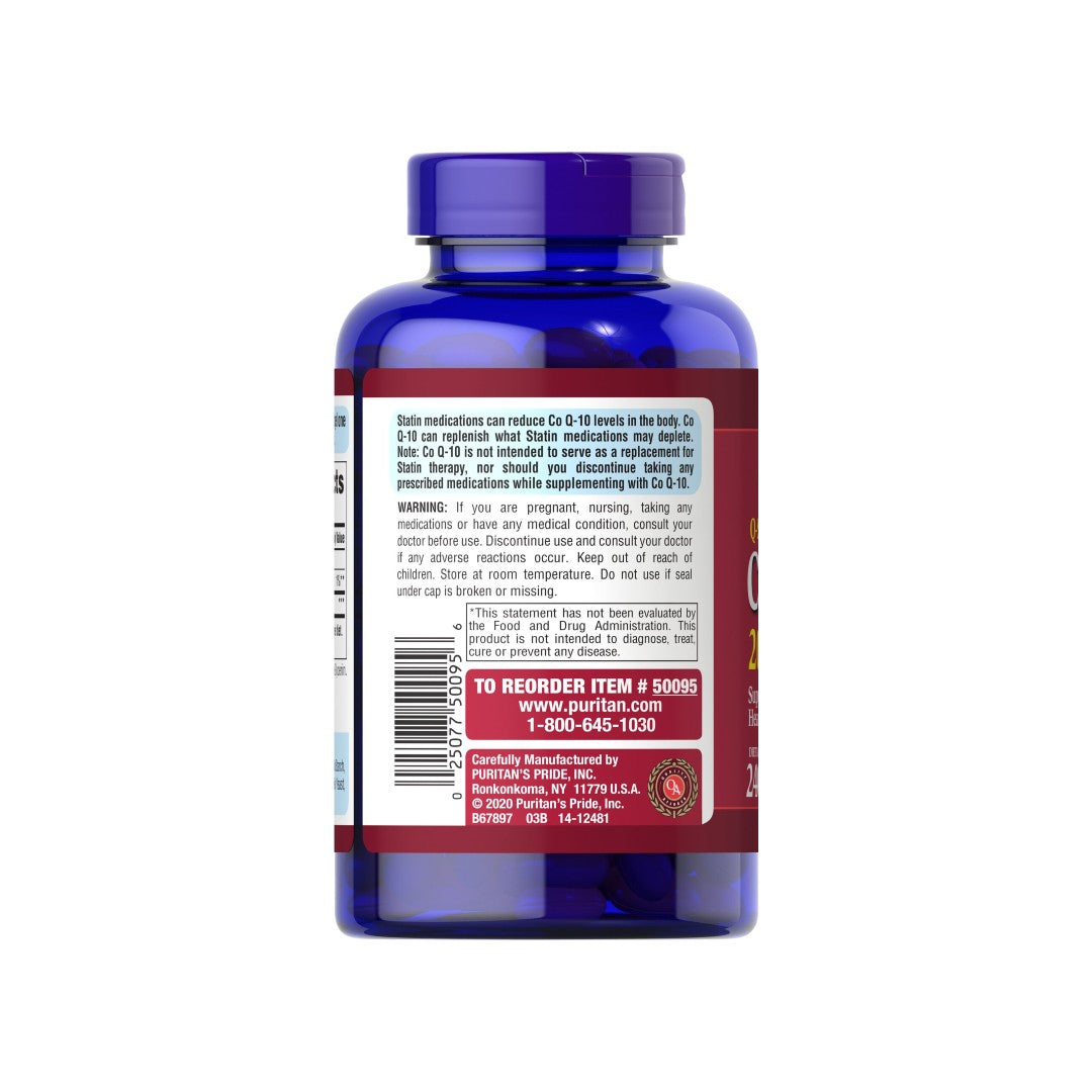 Die Rückseite einer Flasche von Coenzym Q10 - 200 mg 240 Rapid Release Softgels Q-SORB von Puritan's Pride.