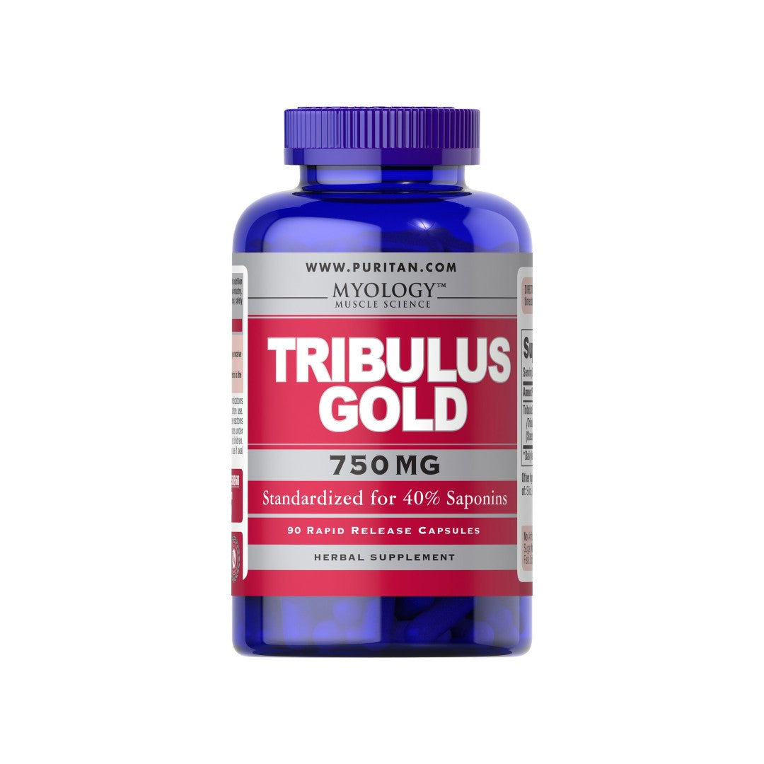 Puritan's Pride Tribulus Gold Standardized Extract 750 mg 90 Rapid Release Capsules, featuring a standardized extract of Tribulus Terrestris, rich in saponins.