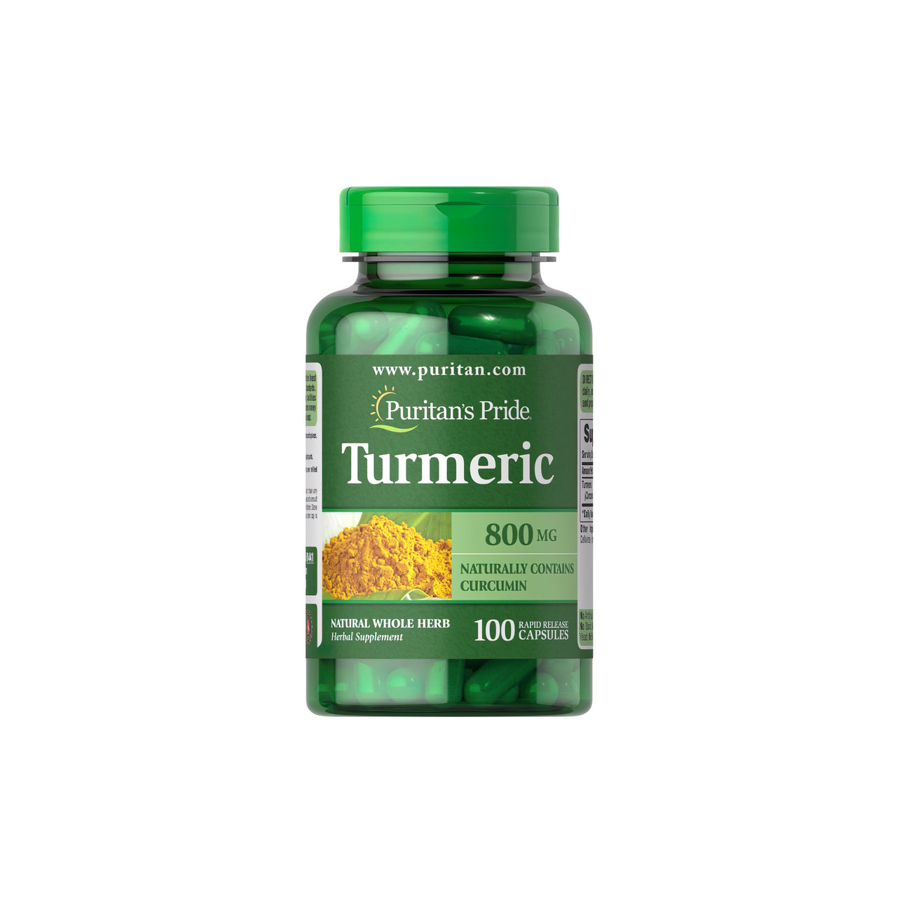 A bottle of Puritan's Pride Turmeric 800 mg 100 caps providing antioxidant support for joint health.