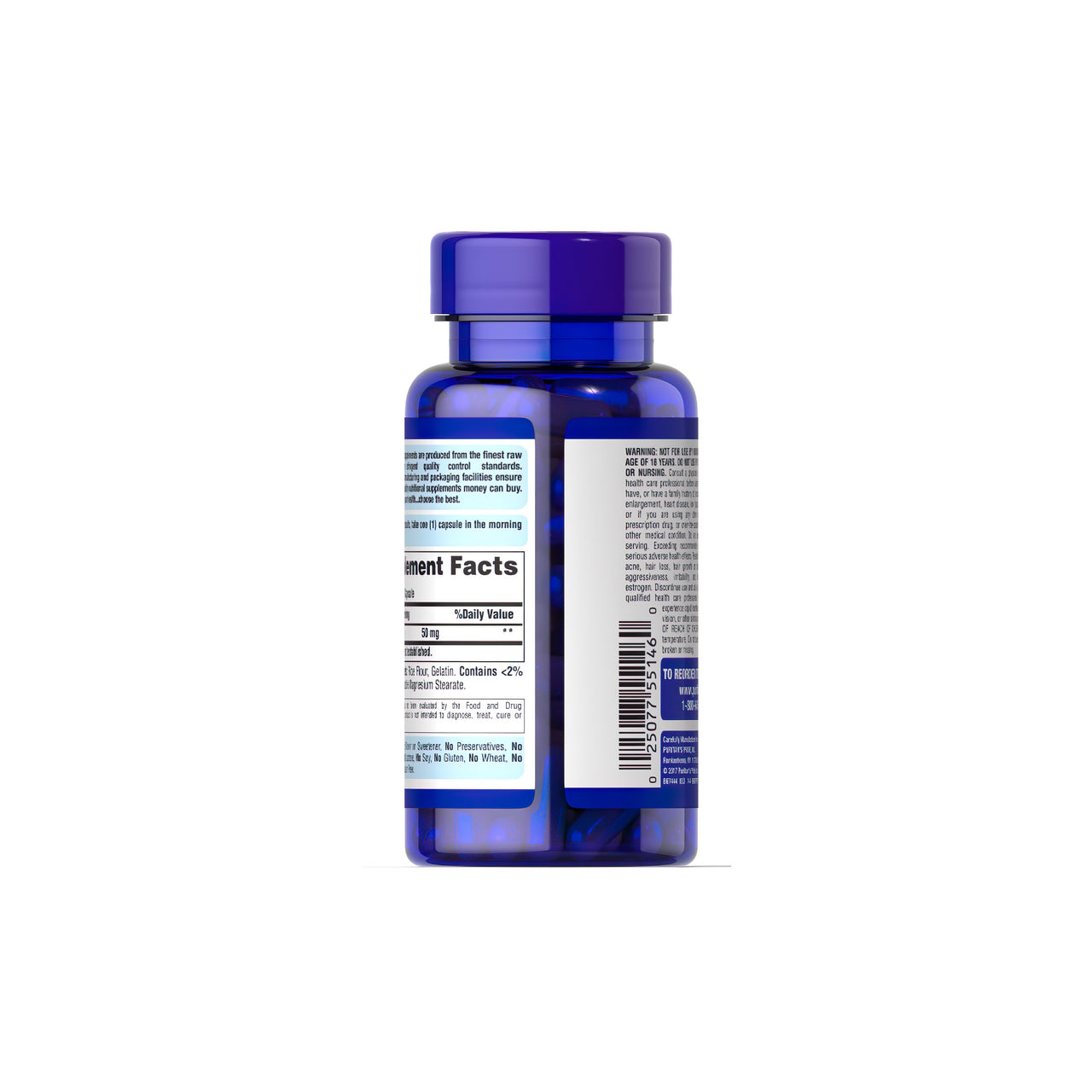 Eine Flasche Puritan's Pride Pregnenolone 50 mg 90 Rapid Release Capsules für eine gesunde Alterung auf einem weißen Hintergrund.