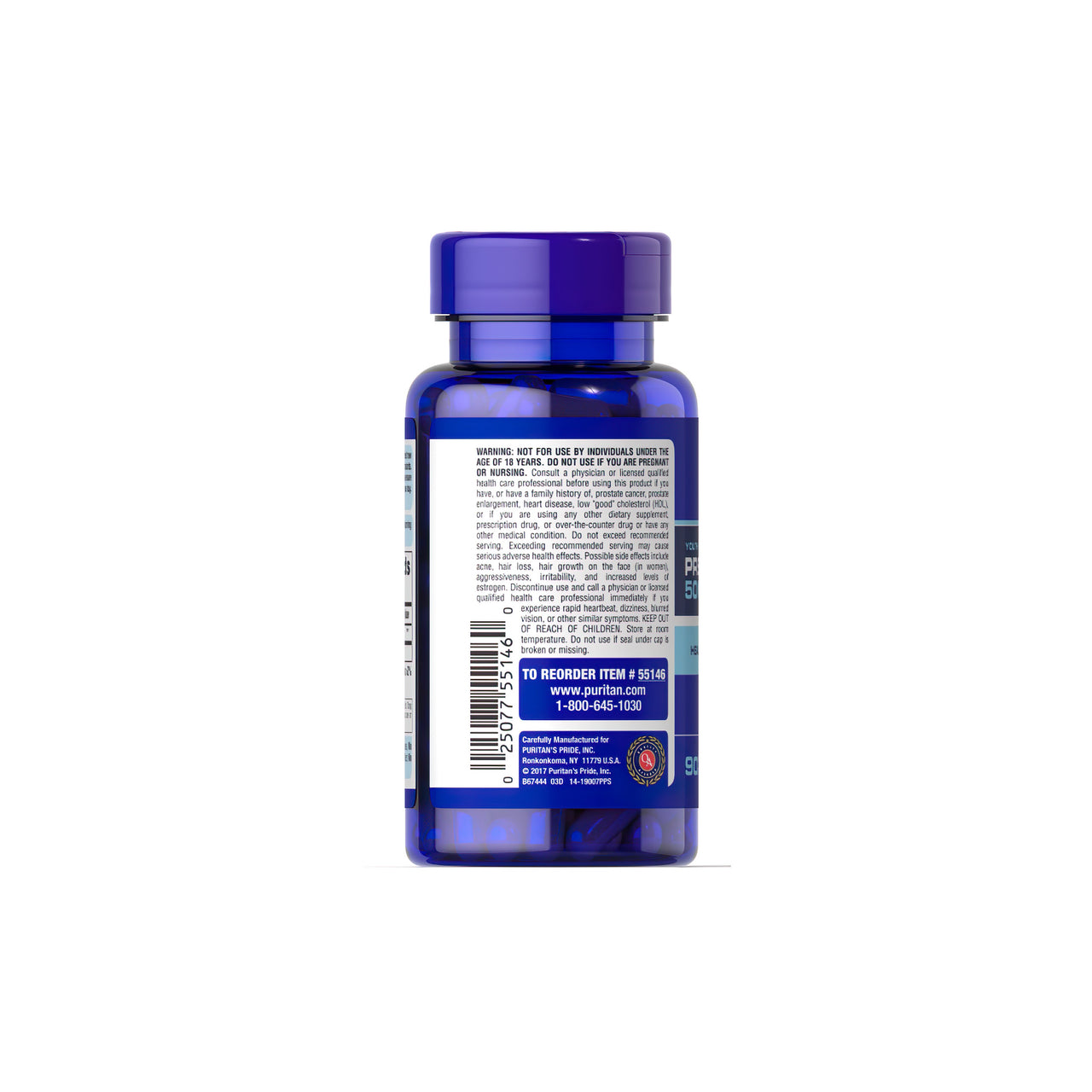 Auf der Rückseite einer blauen Flasche mit einem Etikett, auf dem die Schlagworte "gesundes Altern" und "Alterungsprogramm" stehen, befinden sich die Pregnenolone 50 mg 90 Rapid Release Capsules von Puritan's Pride.