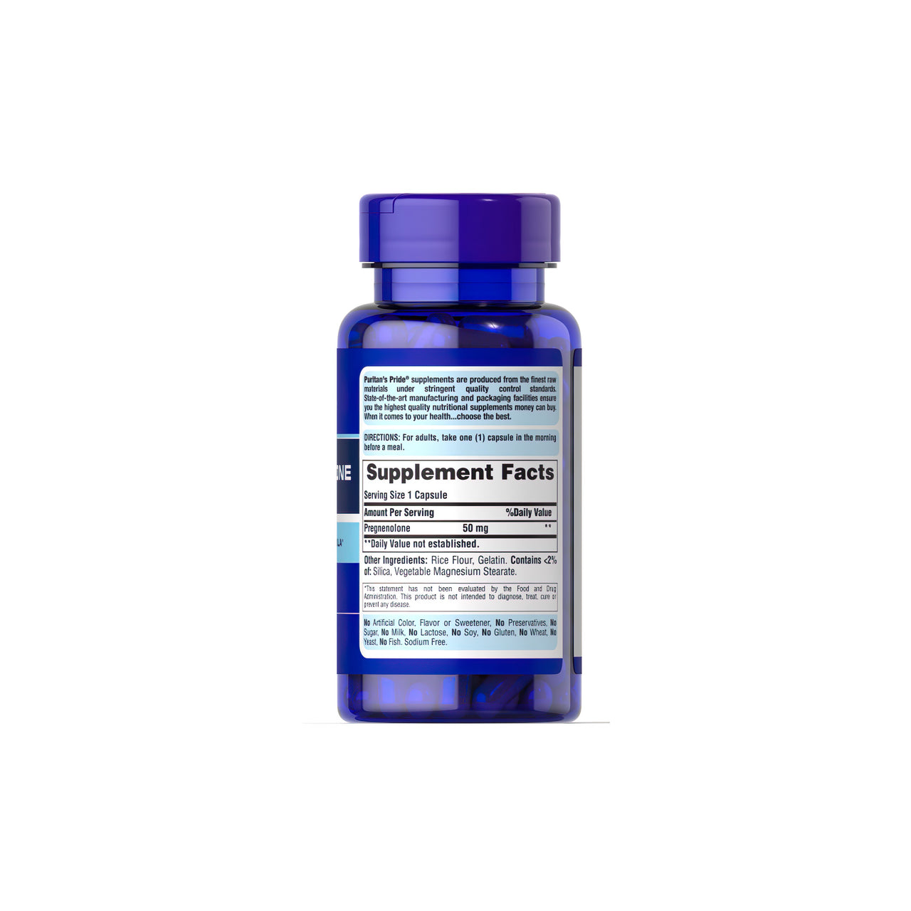 Eine Flasche Puritan's Pride Pregnenolone 50 mg 90 Rapid Release Capsules für eine gesunde Alterung auf einem weißen Hintergrund.