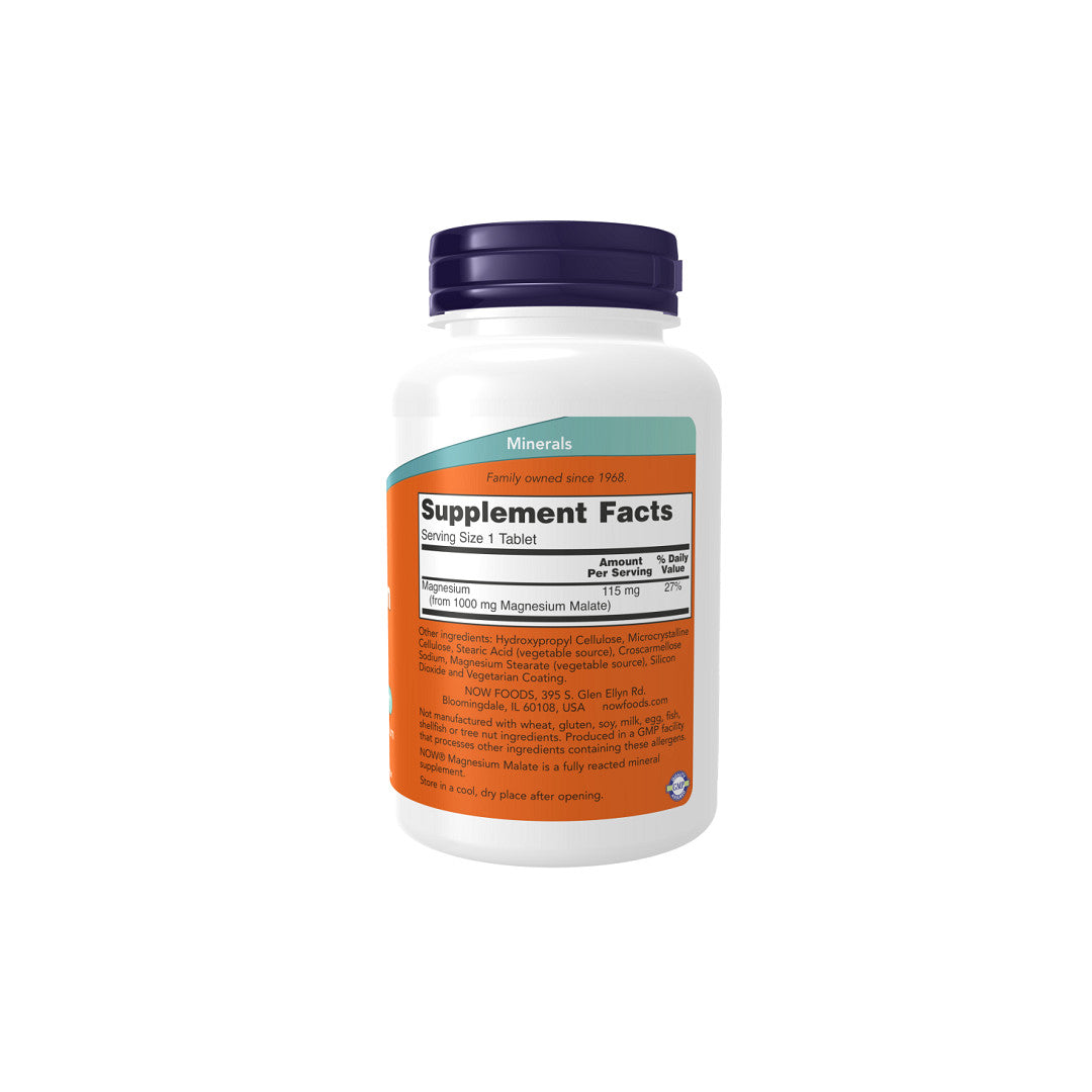 Eine Flasche Now Foods Magnesium Malate 1000 mg 180 Tabletten Ergänzung auf einem weißen Hintergrund.