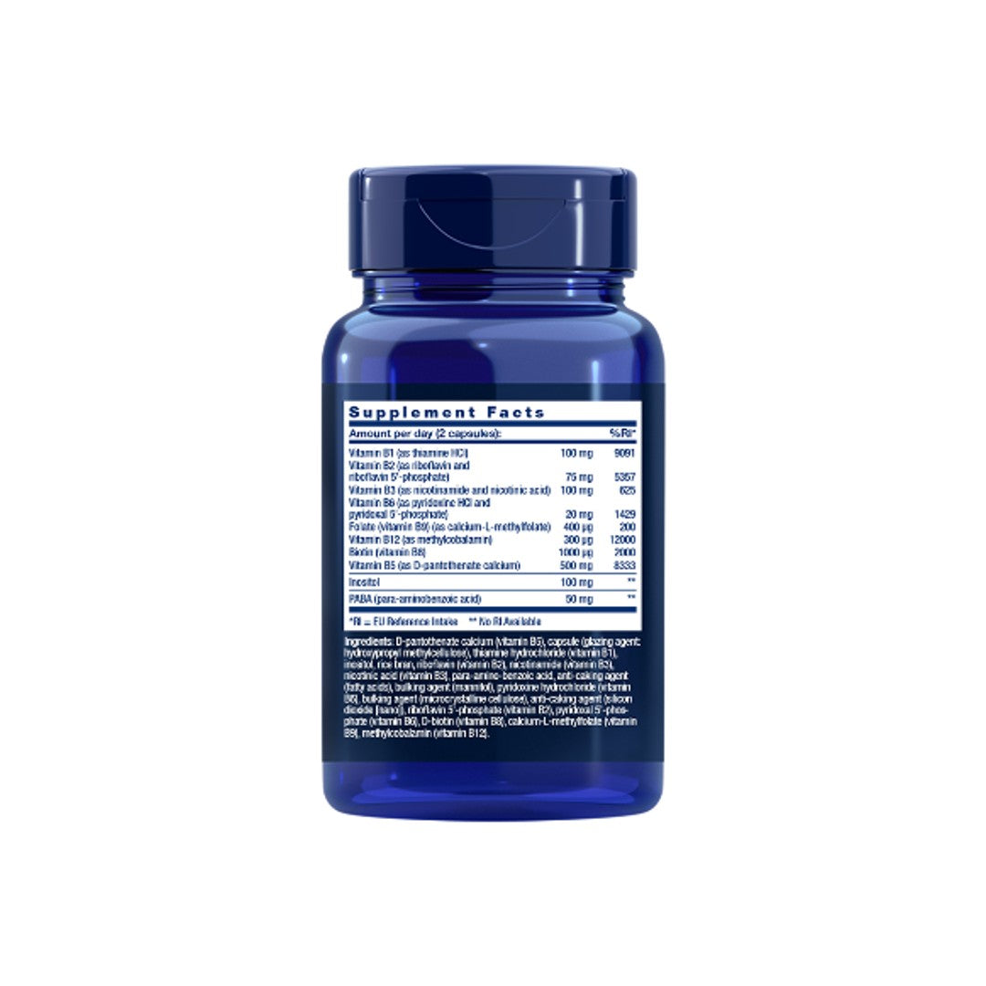 The BioActive Complete B-Complex 60 Vegetarian Capsules from Life Extension comes in a blue bottle, featuring a detailed supplement facts label on the side that highlights its rich content of bioactive B vitamins, essential for supporting healthy metabolism.