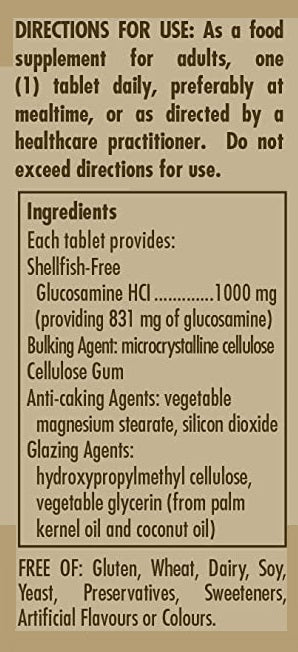 Ein Etikett für Solgar's Glucosaminhydrochlorid 1000 mg 60 Tabletten, das eine Liste der Inhaltsstoffe enthält.