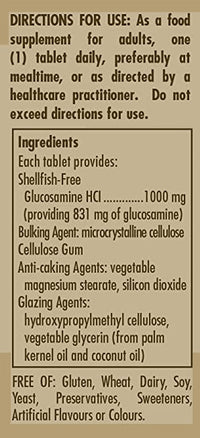Vorschaubild für Ein Etikett für Solgar's Glucosaminhydrochlorid 1000 mg 60 Tabletten, das eine Liste der Inhaltsstoffe enthält.