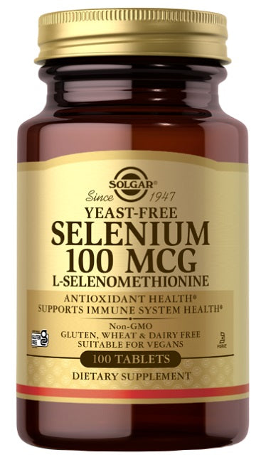 Eine Flasche Solgar Selen 100 mcg 100 Tabletten L-Selenomethionin, das als Antioxidans die Funktion des Immunsystems unterstützt und hilft, Stress zu bekämpfen.