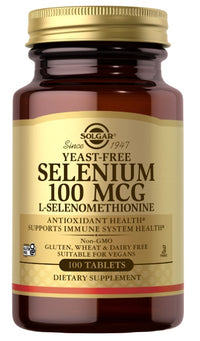 Thumbnail for Eine Flasche Solgar Selen 100 mcg 100 Tabletten L-Selenomethionin, das als Antioxidans die Funktion des Immunsystems unterstützt und hilft, Stress zu bekämpfen.