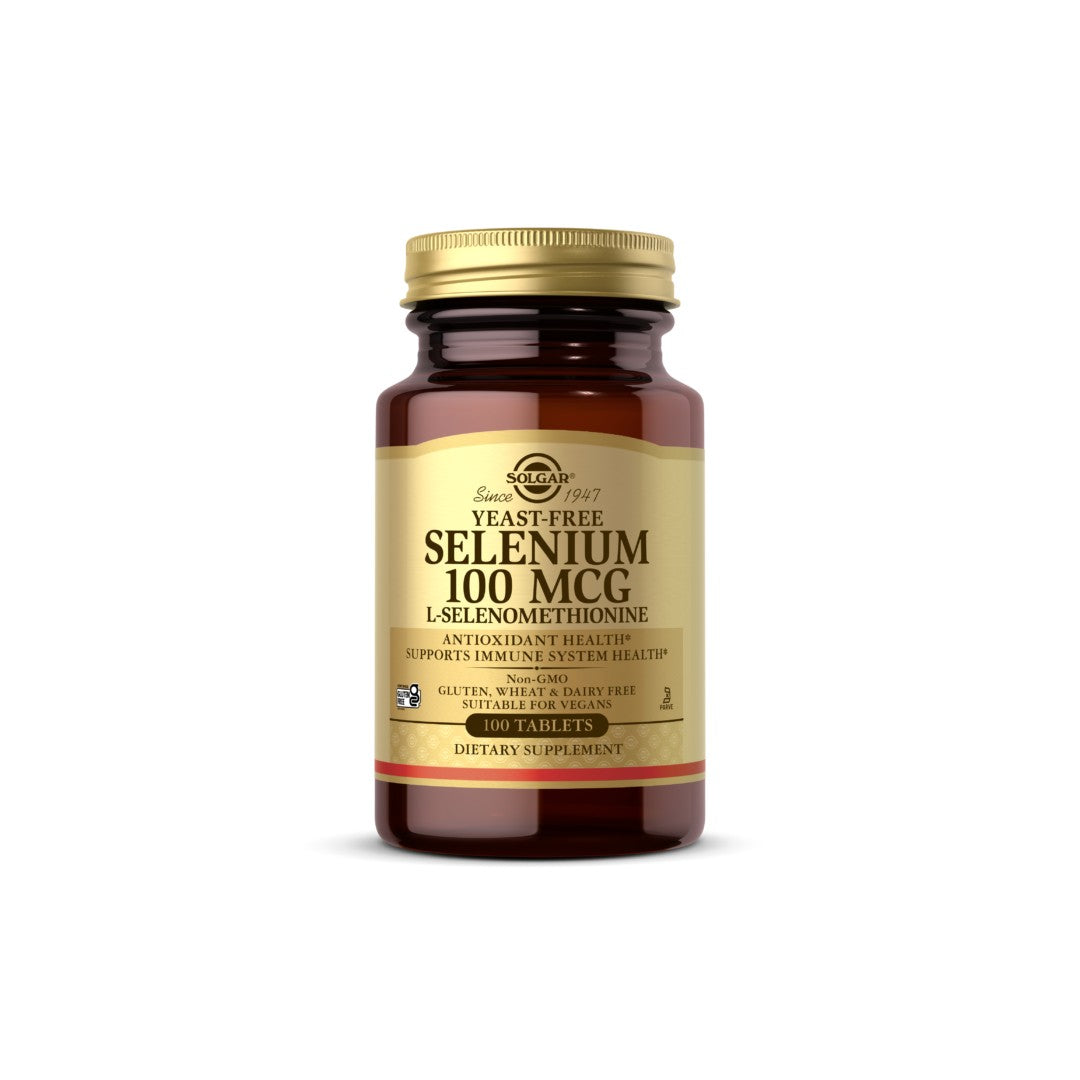 Eine Flasche Solgar Selen 100 mcg 100 Tabletten L-Selenomethionin, ein das Immunsystem stärkendes Antioxidans.