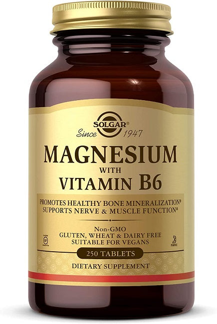 Eine Flasche Solgar Magnesium mit Vitamin B6 250 Tabletten.