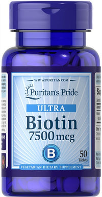 Vorschaubild für Puritan's Pride Biotin 7,5 mg - ein Nahrungsergänzungsmittel in Tablettenform mit 50 Tabletten.