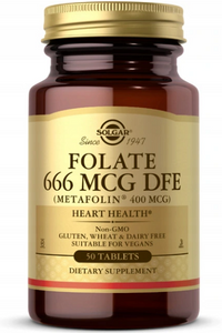 Thumbnail for A bottle of Solgar Folate 666 mcg DFE (Metafolin 400 mcg), containing 50 tablets, is available in brown. These tablets are non-GMO and free from gluten, wheat, and dairy, making them an excellent vegan-friendly option. They feature L-methylfolate, which makes them ideal for prenatal vitamins and supports heart health.