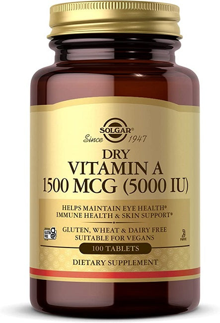 Solgar's Vitamin A 1500 mcg (5000 IU) 100 Tablets is a crucial supplement that supports immune health and promotes optimal vision and skin health. With a dosage of 5000 mcg and 6000 IU, this Solgar vitamin A supplement effectively enhances.