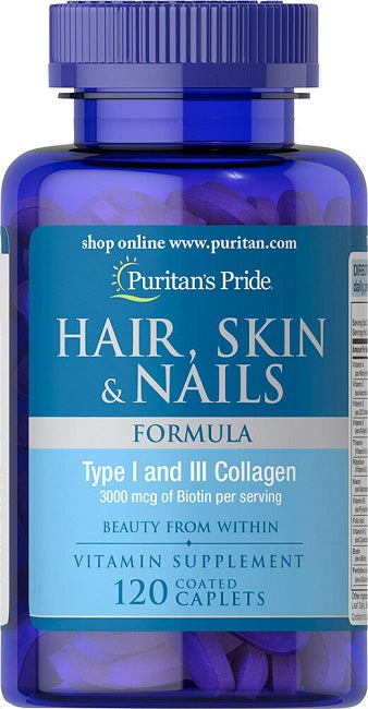 Eine Flasche Puritan's Pride Hair, Skin & Nails Formula 120 Coated Caplets.