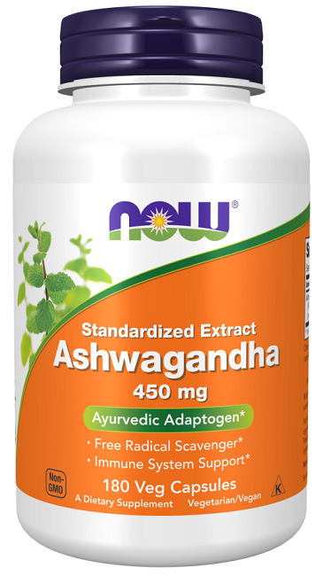 Eine Flasche Now Foods Ashwagandha Extrakt 450 mg 180 pflanzliche Kapseln.