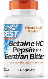 Vorschaubild für Doctor's Best Betain HCL Pepsin & Enzianbitter, ein Nahrungsergänzungsmittel in 120 Kapseln.
