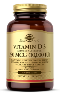 Thumbnail for Vitamin D3 (Cholecalciferol) 250 mcg (10,000 IU) 120 Softgels from Solgar is essential for maintaining healthy bones and teeth, as well as supporting a strong immune system. With a dosage range of 250mg to 1000mg, this supplement provides the.