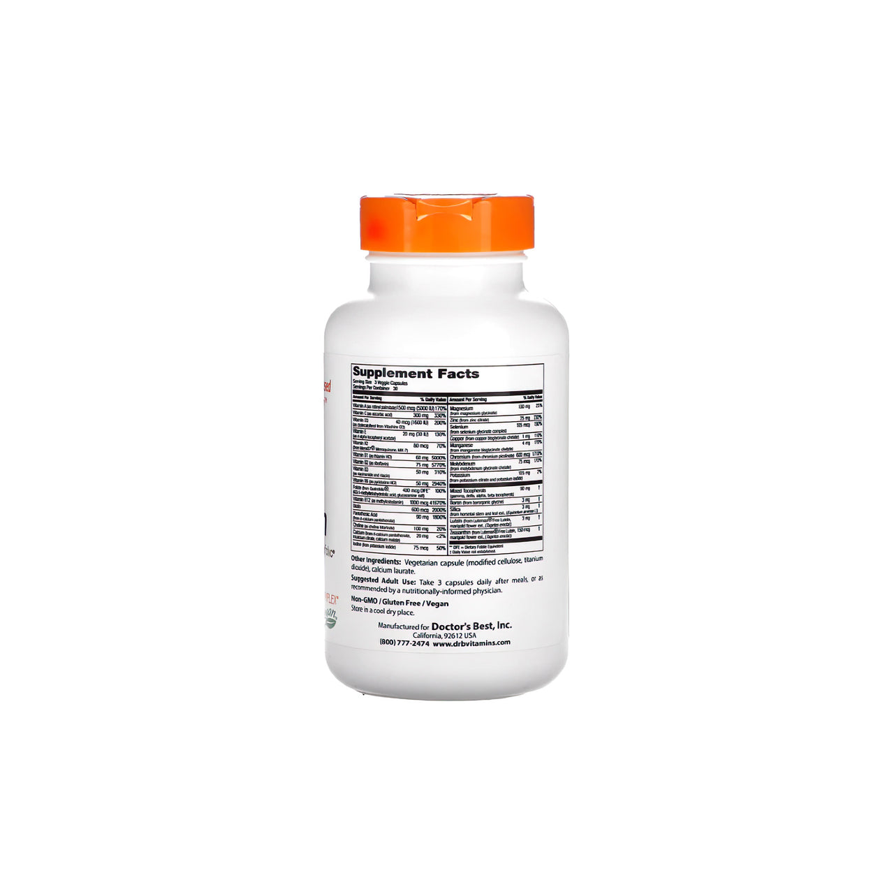 Eine Flasche Doctor's Best Multivitamin 90 Vegikapseln mit Mineralien auf weißem Hintergrund, die ein gesundes Immunsystem fördern.