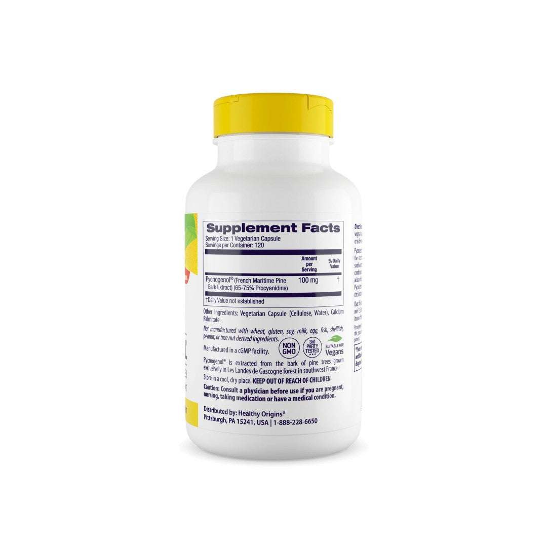Eine Flasche Healthy Origins Pycnogenol 100 mg 120 pflanzliche Kapseln, die reich an antioxidativem Vitamin C sind und die kardiovaskuläre Gesundheit fördern, auf weißem Hintergrund.