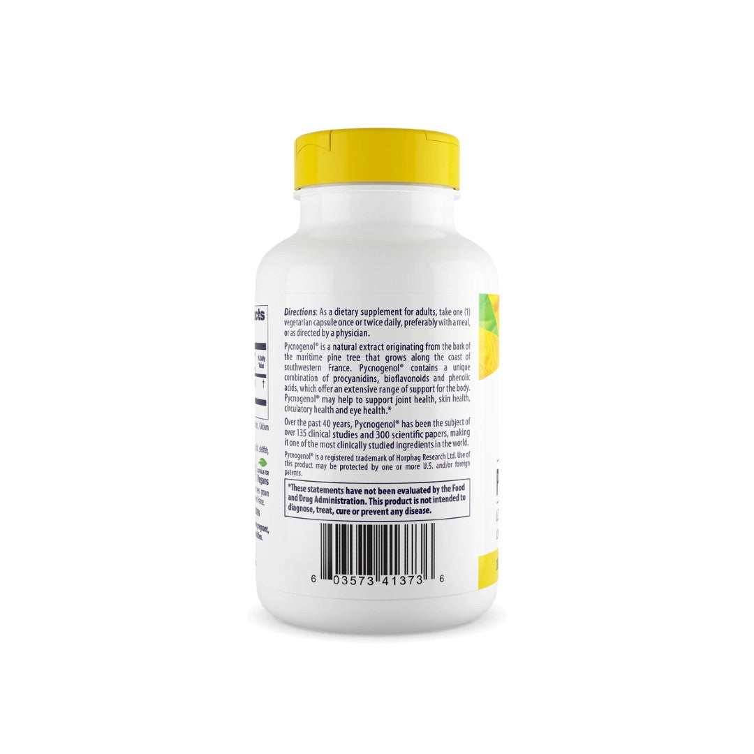 Eine Flasche Pycnogenol 100 mg 120 Veggie-Kapseln von Healthy Origins mit Seekiefernrindenextrakt auf weißem Hintergrund.