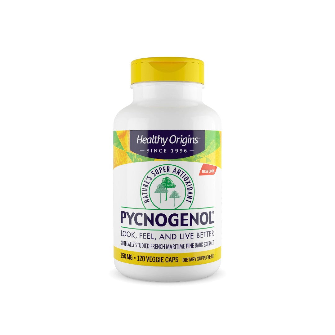 Dieses Nahrungsergänzungsmittel enthält 60 Kapseln Healthy Origins Pycnogenol 150 mg 120 Gemüsekapseln, das für seine antioxidativen Eigenschaften und seine positiven Auswirkungen auf die kardiovaskuläre Gesundheit bekannt ist.