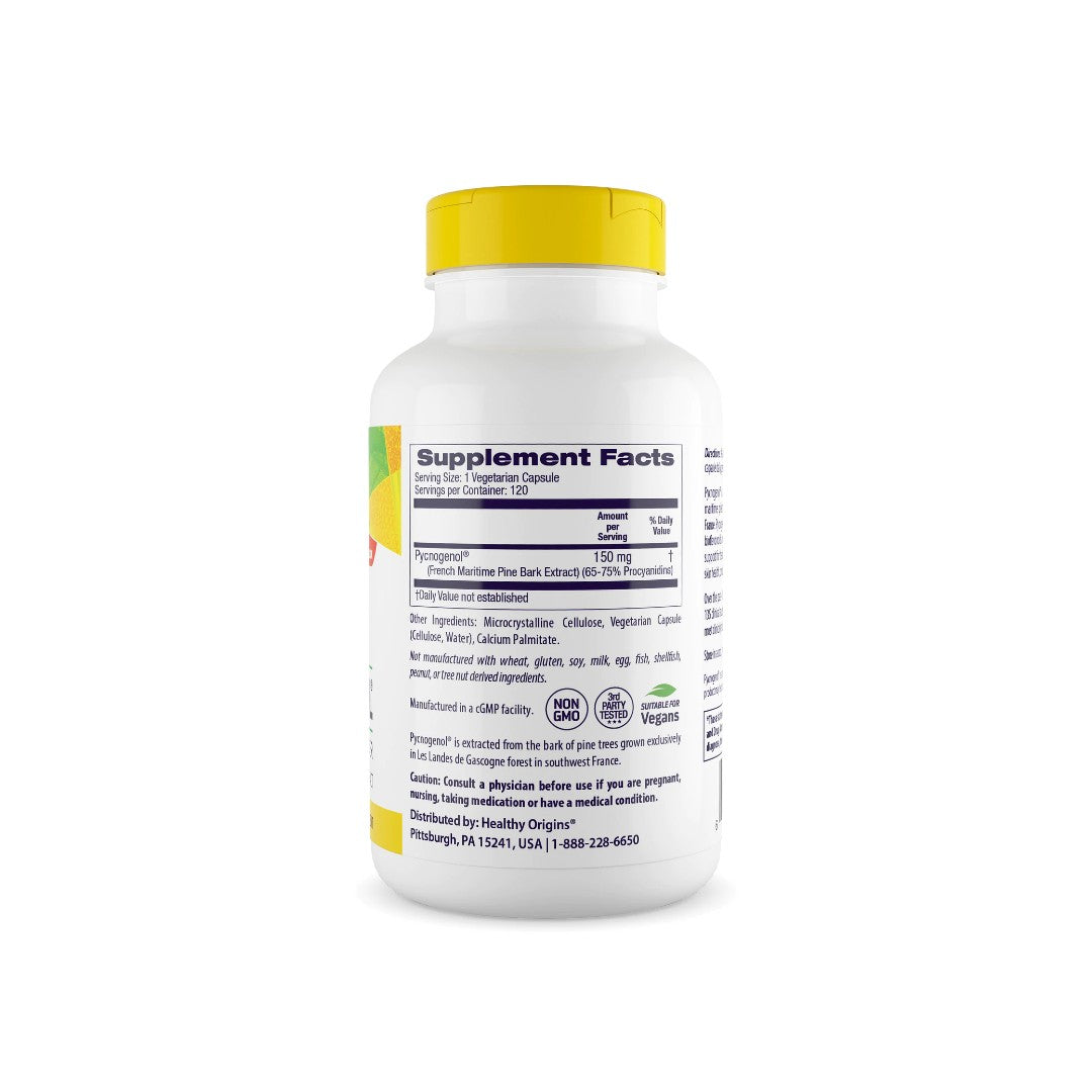 Eine Flasche Pycnogenol 150 mg 120 Veggie-Kapseln Nahrungsergänzungsmittel von Healthy Origins auf weißem Hintergrund, die die kardiovaskuläre Gesundheit fördern.
