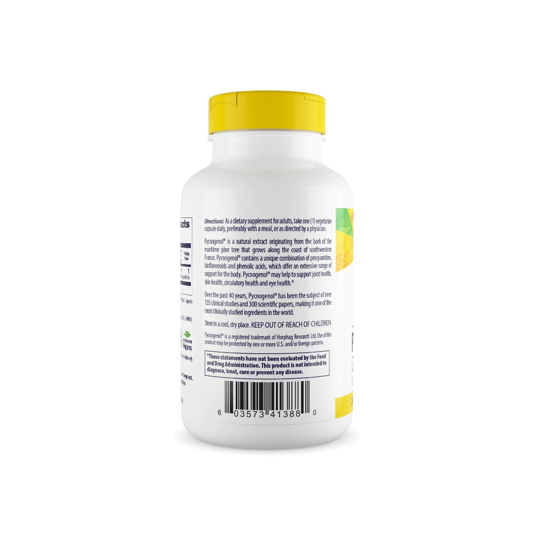 Eine Flasche Healthy Origins' Pycnogenol 150 mg 120 Veggie-Kapseln auf einem weißen Hintergrund.